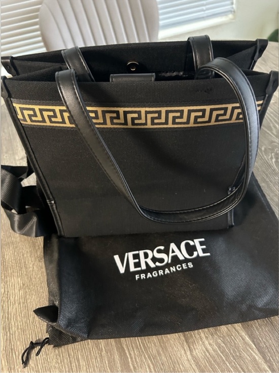 Versace Handbags - Versace Black Canvas Tote with Gold Greek Key Band